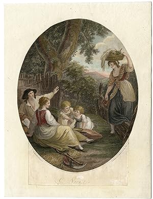 Antique Master Print-NOON-RUSTIC SCENE-RESTING-LUNCH-Bartolozzi-Hamilton-1790
