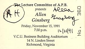ALLEN GINSBERG READING/LECTURE TICKET SIGNED BY GINSBERG