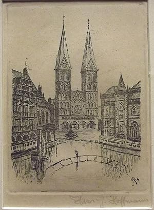 Bremen Germany Cathedral & Market Square - Original Etching