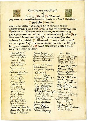 Original Calligraphic Tribute to Newbold Morris, Signed by Seventy-One Board Members, Staff, and ...