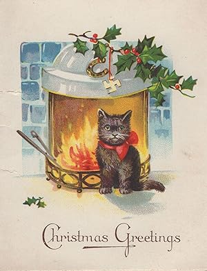Lucky Black Cat Swastika Old Christmas Card With Hanging Swastika