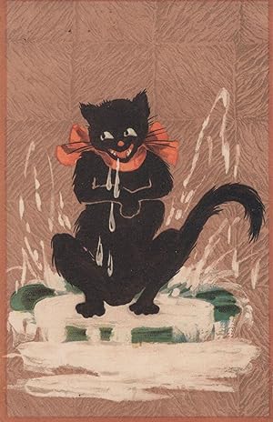 Salivating Vampire Lucky Black Cat on Disaster Ice Antique Postcard