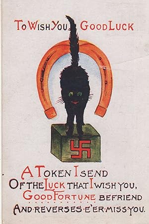 Startled Lucky Black Cat Swastika Old Chest WW1 Comic Postcard