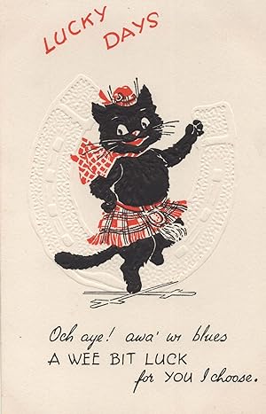 Scottish Dancing Lucky Days Black Cat Kilt Rare Relief Old Postcard