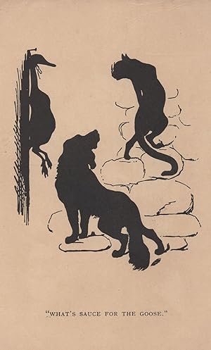 Black Silhouette Lucky Cat Dog To Eat Hung Goose Bird Old Postcard
