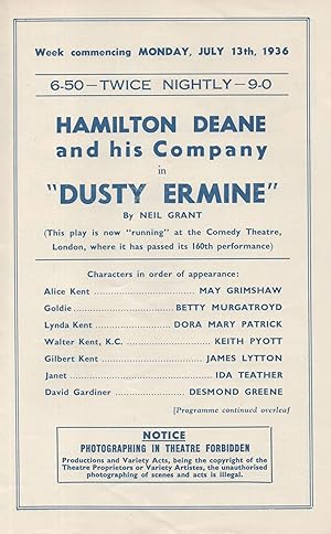 Dusty Ermine Hamilton Deane Nottingham Comedy 1936 Theatre Royal Programme