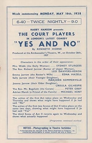 Yes & No Harry Hanson Kenneth Horne 1938 Nottingham Theatre Comedy Programme