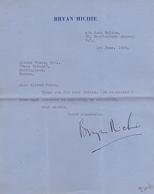 Bryan Michie of Jack Hylton Shaftesbury Theatre WW2 Hand Signed Letter