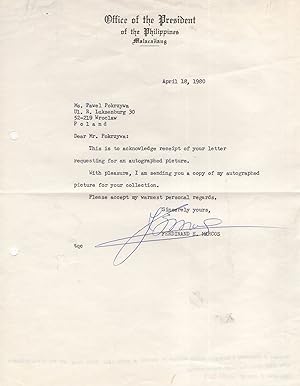 Ferdinand Marcos President of the Philippines Official Hand Signed Letter