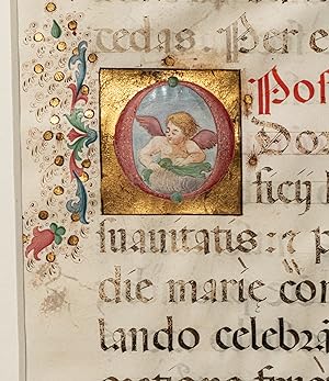 Antiphonal. Leaf on parchment with historiated illuminated initial of Cherub. Italy C15th