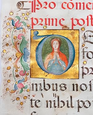 Antiphonal. Leaf on parchment with historiated illuminated initial of Virgin Mary. Italy C15th