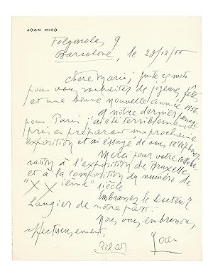 Belle lettre de Miró, alors en plein travail pour sa prochaine exposition au Palais des Beaux-Art...