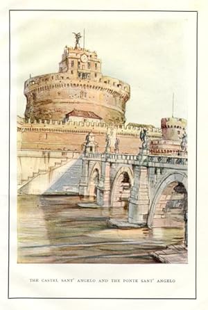 The Castel Sant'Angelo and the Ponte Sant'Angelo in Rome, Italy,Vintage Watercolor Print