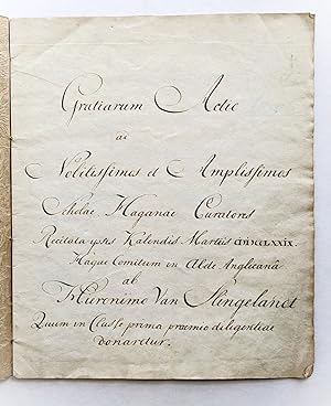 1777 MANUSCRIPT LATIN SPEECH - HIERONIMUS VAN SLINGELANDT, Son of Baron Aelbrecht van Slingelandt...