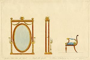 Designs for a Reniassance style mirror and arm chair with a feathered cushion