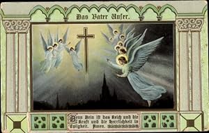 Präge Passepartout Ansichtskarte / Postkarte Das Vater Unser, Betende Engel, Kreuz