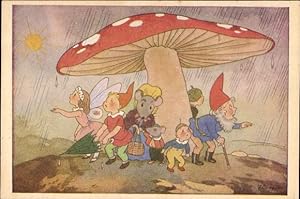 Künstler Ansichtskarte / Postkarte Versteckt vor dem Regen, Pilzhut, Mäuse, Zwerg, Elfe