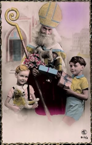 Ansichtskarte / Postkarte Glückwunsch Weihnachten, Heiliger Nikolaus und Kinder mit Geschenken, P...