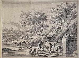Antique print, etching | Landscape with shepherds and cattle, published ca. 1690, 1 p.