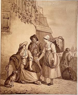 Antique drawing | Peasants conversing by a harbour, ca. 1780, 1 p.