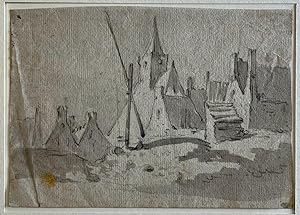 Antique drawing | View on houses and a church beyond a dune, ca. 1790, 1 p.
