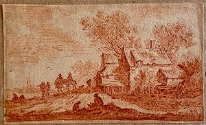 Antique red chalk drawing | Travellers near a house at a pond, ca. 1660-1690, 1 p.