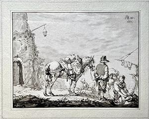 Antique printdrawing | Man with a horse and women washing clothes, published 1772, 1 p.