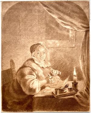 Antique print, mixed media | Woman by candlelight, published ca. 1760, 1 p.