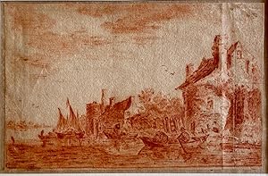 Antique red chalk drawing | River landscape with two rounded towers, ca. 1660-1690, 1 p.