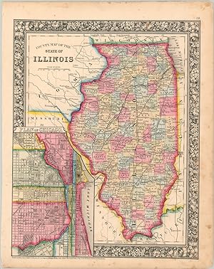 County Map of the State of Illinois Civil War era map of Illinois with a city plan of Chicago.