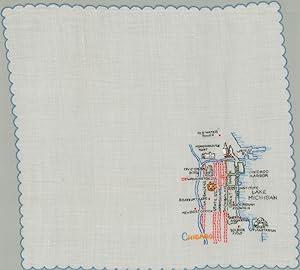 Chicago Embroidered silk handkerchief with a pictorial map of Chicago.