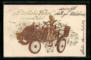 Präge-Ansichtskarte Neujahrsengel im Auto mit Blumen, Neujahrsgruss