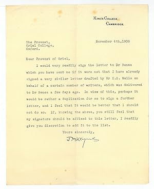 Typed letter signed ("J. M. Keynes").