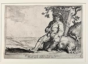 Antique print, engraving | A resting traveler with dog, published ca. 1625, 1 p.