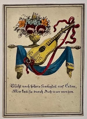 Antique hancolored print, etching | A guitar with a motto, published ca. 1850, 1 p.