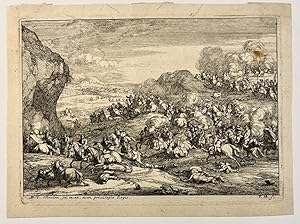 Antique print, etching and engraving | Landscape with military scene, published before 1733, 1 p.