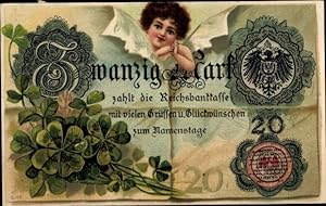 Ansichtskarte / Postkarte Geldschein, Zwanzig Mark, Glücksklee, Wappen. Adler