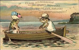 Präge Ansichtskarte / Postkarte 1. April, Vermenschlichte Fische im Ruderboot