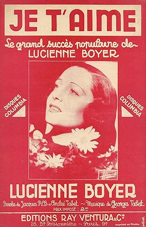 Partition de "Je t'aime", valse musette créée par Lucienne Boyer