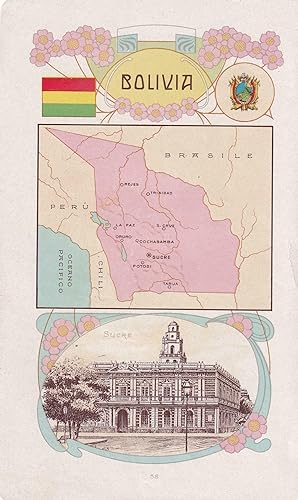BOLIVIA. Miniature map with top and bottom border decoration and image of the town hall in the ...