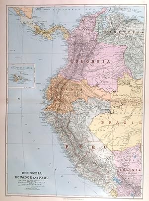 COLOMBIA ECUADOR AND PERU. Large double page map of northwest South America.