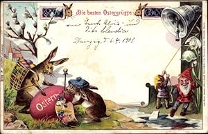 Litho Glückwunsch Ostern, Osterhasen bemalen Osterei, Zwerge läuten Glocke, Weidenkätzchen