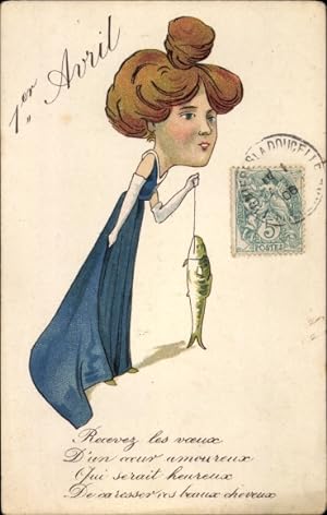Ansichtskarte / Postkarte Glückwunsch 1. April, Frau in blauem Kleid, Fisch