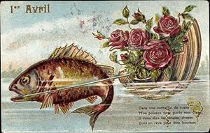 Präge Ansichtskarte / Postkarte Glückwunsch 1. April, Fisch, Rosen, Korb