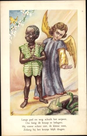 Künstler Ansichtskarte / Postkarte Schutzengel, Afrikaner, Junge, Gebet
