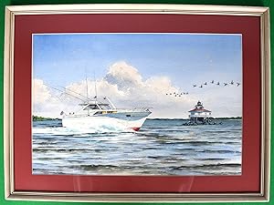 Motorboat Off Eastern Shore Maryland w/ Geese In Flight 1968 Watercolor by John Moll