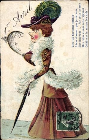 Ansichtskarte / Postkarte Glückwunsch 1. April, Noble Frau, Fisch, Hut mit Federn