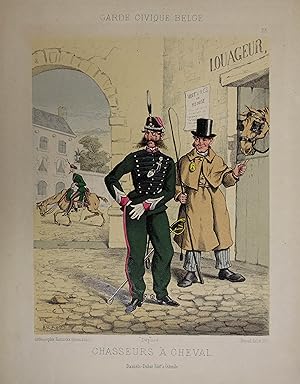 Chassers à Cheval. Altkolorierte Lithographie von u. nach Braud. Ostende, Daniels Dubar um 1865, ...