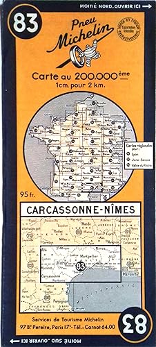Ancienne Carte Michelin N° 83 : Carcassonne - Nîmes. Carte au 200.000e.