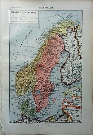 Carte en couleurs dela Scandinavie. Carte extraite du Larousse universel en 2 volumes.